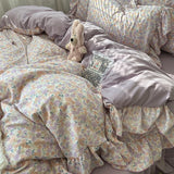 Popxstar 3/4Pcs Korean Princess Style Floral Ruffles Bedding Set Skin-friendly Soft Duvet Cover Set Bed Sheet Or Bed Skirt Pillowcases