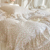 Popxstar  Floral Lace Ruffles 100% Cotton Double Yarn Soft Bedding Set Duvet Cover Quilted Bedspread Bed Skirt Bed Sheet Set Pillowcases