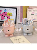 Cute Cartoon Face Large Capacity Pen Holder - Office Desk Organizer Box For Pens, Markers And Stationery, Portable Design Suitable For Students And Office, Blue And Pink With Playful Happy Faces, Office Supplies And Accessori