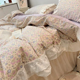 Popxstar Romantic 100%Cotton Twin Bedding Elegant Pink Purple Floral Duvet Cover Set White Lace Ruffle 1.2/1.5/1.8m Bedskirt Pillowcases