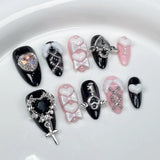 Popxstar 10Pcs Pink Almond Handmade Press on Nails Bow Fake Nails with Rhinestone Decoration Wearable Stick-on Nails False Nail 네일팁