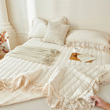 Popxstar  Natural Cotton Linen French Lace Soft Comfortable Quilted Bedspread, Bed Cover, Mattress Topper, Bed Sheet, Pillowcases 3Pcs