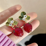 Popxstar Delicate Red Strawberry Flower Drop Earrings for Women 3D Simulated Fruit Green Leaves Earrings Girls Jewelry Accessories