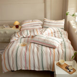 Popxstar  Striped Duvet Cover Set Queen 100% Washed Cotton Bedding Set, Luxury Soft Pink Vertical Ticking Stripes Comforter Cover, (3pcs)
