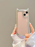 Cartoon Cute 3D Cat Ears Plating Silver Transparent Phone Cover For iPhone Air 15 14 13 12 16 17 Pro Max Case