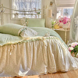 4Pcs Bedding Set French-Inspired, Girly, Princess-Style Bows and Lace Pink Duvet Cover Pillowcase Bedding Full Set Double Bed