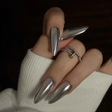 Popxstar  10PCS Metal Handmade Press on Nails Acrylic Magic Full Cover Fake Nails Reusable Adhesive Silver Artificial Cool Manicure Art