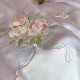 Popxstar  600TC Lyocell Bamboo Fiber Soft Silky Bedding Set Pink Flowers Embroidery Duvet Cover Flat/Fitted Bed Sheet Pillowcases 3/4Pcs