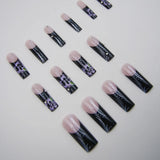 Popxstar  Extra Long Coffin Press On Nails 24Pcs Black French Fake Nails Pink Flower Shiny Rhinestone Designers Spicy Women False Nails