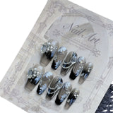 Popxstar  10Pcs Black Handmade Press on Nails Flower Ballet Wearable Rhinestone False Nails Decoration Chinese Manicure Fake Nails Tips