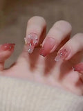 Popxstar 24PCS/1 BOX Gradient Patch  Love Peach Bow See Photochromic Stereo Wear Nail  Fake Nail