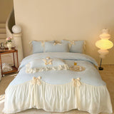 Popxstar French Princess Style Bedding Sets Ruffle Lace Bow Quilt Cover Romantic Wedding Bedclothes Decor Woman Girls Bedroom Duvet Cover