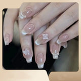 Popxstar  French Fake Nails Stick-on Long Ballet Pink False Nails with Rhinestone Designs Full Cover Acrylic Press on Nails for Women Girl