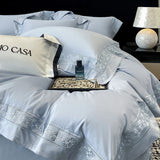 Popxstar  100% Egyptian Cotton White Luxury Embroidery Hotel Style Bedding Set Duvet Cover Set Flat/Fitted Bed Sheet Pillowcases 4Pcs
