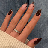 Popxstar  24pcs Winter Black False Nails Set Acrylic Leopard Print French Tip Almond Fake Nail Art with Shiny Powder Design Press on Nails