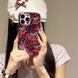 Popxstar  Rose Leopard Print Red Cherry Glitter Phone Case for IPhone 13 15 14 16 Pro Max Fashion Bling Shockproof Cover for Iphone 17 Pro
