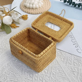 Decorative Handwoven Rattan Tissue Box With Lid Round Shape Wicker Tissue Box Single Roll Storage Box Retail Spaces