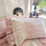 Popxstar  Vintage French Plaid Lace Ruffles 100% Cotton Bedding Set Duvet Cover Set Bed Sheet/Bed Skirt/Fitted Sheet Pillowcases 4Pcs