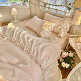 4Pcs Bedding Set French-Inspired, Girly, Princess-Style Bows and Lace Pink Duvet Cover Pillowcase Bedding Full Set Double Bed