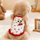 Pet Cherry Print Spaghetti Strap Dress Ruffle Hem Mini Princess Skirt Thin Summer Clothes For Small Dogs Cats Bichon Teddy