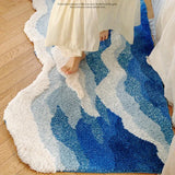 Popxstar  Blue Sea Wave Flocking Rug Bedroom Rug Corridor Area Floor Pad Mat Doormat Aesthetic Home Decor