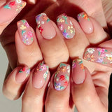 Popxstar 24pcs Glitter Short Square Fake Nails Sets Rhinestones French Design False Nail Tips Reusable Pink Press on Nails Tips Manicure