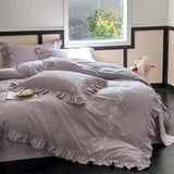 Popxstar  Flowers Embroidery Ruffles Purple Luxury Bedding Set 1000TC Egyptian Cotton Duvet Cover Flat/Fitted Bed Sheet Pillowcases 4Pcs