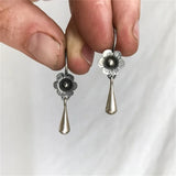 Popxstar Vintage Silver Color Waterdrop Flower Geometry Black Stone Earrings for Women Long Dangle Earrings Wedding Engagement Jewelry