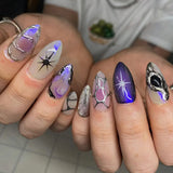 Popxstar 24pcs Romantic Y2k Star Press On Nails Gradient Blue French Style Gold Moon Designs Fake Nail Sweet Almond False Nails For Women