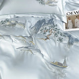 Popxstar  4Pcs New Chinese Style Landscape Embroidery Luxury Bedding Set Silky Duvet Cover Set Soft Quilt Cover Set Bed Sheet Pillowcases