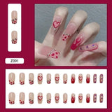Popxstar 24Pcs Three-dimensional Love Heart False Nails with French Design Long Coffin Wearable Fake Nails Rhinestone Press on Nails Tips