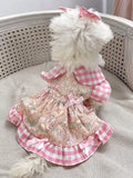 1 Set Printed Rabbit Check Patterned Peter Pan Collar Dress+Bow-Tie Pet Clothes