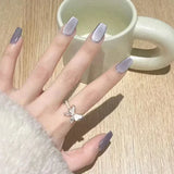 Popxstar 24Pcs Short Purple False Nails Leaf with French Design Gold Foil Wearable Fake Nails Coffin Ballet Full Cover Press on Nail Tips