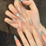 Popxstar  10pcs Blue Diamond Handmade Fake Nails Tips Ocean French Long Oval False Nail Art Fashion Cat's Eye Press on Nails Sets Finished