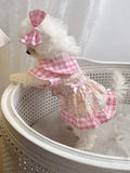 1 Set Printed Rabbit Check Patterned Peter Pan Collar Dress+Bow-Tie Pet Clothes