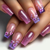 Popxstar 24pcs Glitter Short Square Fake Nails Sets Rhinestones French Design False Nail Tips Reusable Pink Press on Nails Tips Manicure