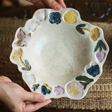 Popxstar  1PC Hand-painted Ceramic Tableware Underglaze Color Vegetable Plate New Flower Relief Plate Household Salad Tableware