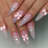 Popxstar 24Pcs White Almond False Nails Ballet with French Design Wearable Fake Nails Gradient Simple Full Cover Press on Nail Tips Art