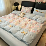 3/4Pcs Bedding Set Bed Sheets Full Set 100% Cotton Checkered Bow Pink Duvet Cover Cute Core Princess Bedding Four-Season