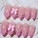 Popxstar 24pcs Sweet False Nail Patches Detachable Fake Nail Tips With Bowknots Love Heart Pearl Design Pink Almond Korean Press On Nail
