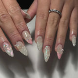 Popxstar  24pcs Golden Stick on False Nails Press on Gradient Glitter Short Almond Artifical Fake Nails Sets French Sweet Cool Manicure