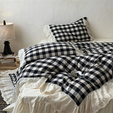 Popxstar  Vintage Black White Plaid Style Lace Ruffles 100% Cotton Double Yarn Soft Bedding Set Duvet Cover Bed Skirt Pillowcases 4Pcs