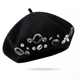 Popxstar French Beret Thick Rhinestone Decor Brimless Thermal Decor Wool Artist French Style Painter Hat Women Headwear