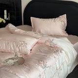 Popxstar  600TC Lyocell Bamboo Fiber Soft Silky Bedding Set Pink Flowers Embroidery Duvet Cover Flat/Fitted Bed Sheet Pillowcases 3/4Pcs