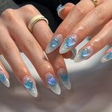 Popxstar  24Pcs Long Ballerina Fake Nails Blue French Style Press on Nails Ballet Bowknot Rhinestone Designs Wearable False Nails Tips