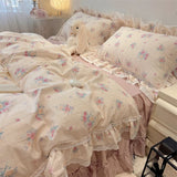 Popxstar  3/4Pcs Korean Princess Style Floral Lace Ruffle 100% Cotton Bedding Set Duvet Cover Bed Skirt/Bed Sheet/Fitted Sheet Pillowcases