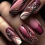 Popxstar 24Pcs Short Purple False Nails Leaf with French Design Gold Foil Wearable Fake Nails Coffin Ballet Full Cover Press on Nail Tips