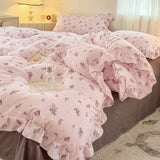 Popxstar  Princess Style Bedding Sets Ruffle Lace Bow Quilt Cover Romantic Bedclothes Decor Woman Girls Bedroom Duvet Cover 4pcs