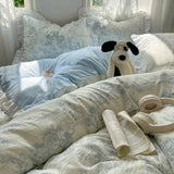 Popxstar Blue Floral Ruffle Duvet Cover Set Queen Flower Leaf Comforter Covers 4Pcs Soft Luxury Pastoral Garden Washed Cotton Bedding Set