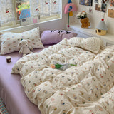 Popxstar  Cartoon Bedding Set Ins Korean Towel Embroidery Bed Linen Flat Sheets Set 2 Pillowcases Twin Double Queen Size Duvet Cover Set